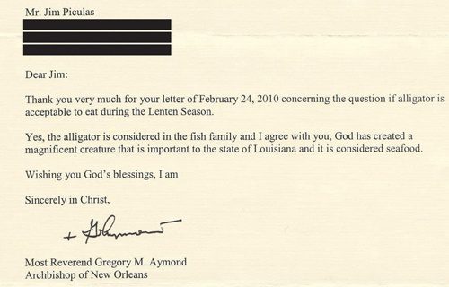 Archbishop_Gregory_Aymonds_letter_in_response_to_a_request_to_eat_alligator_on_a_Friday_in_Lent_Credit_Archdiocese_of_New_Orleans_CNA500x320_US_Catholic_News_2_15_13
